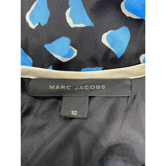 MARC JACOBS Black Blue Hearts 100% Silk Faux Wrap Mini Dress Size 10 A000415 - Picture 11 of 13